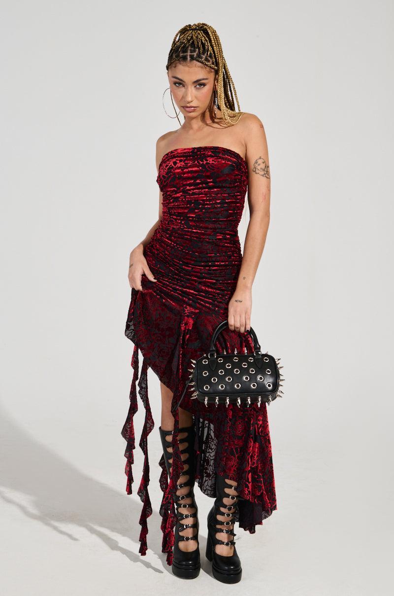 BELLA RUCHED RED VELVET BURNOUT MIDI DRESS Product Image