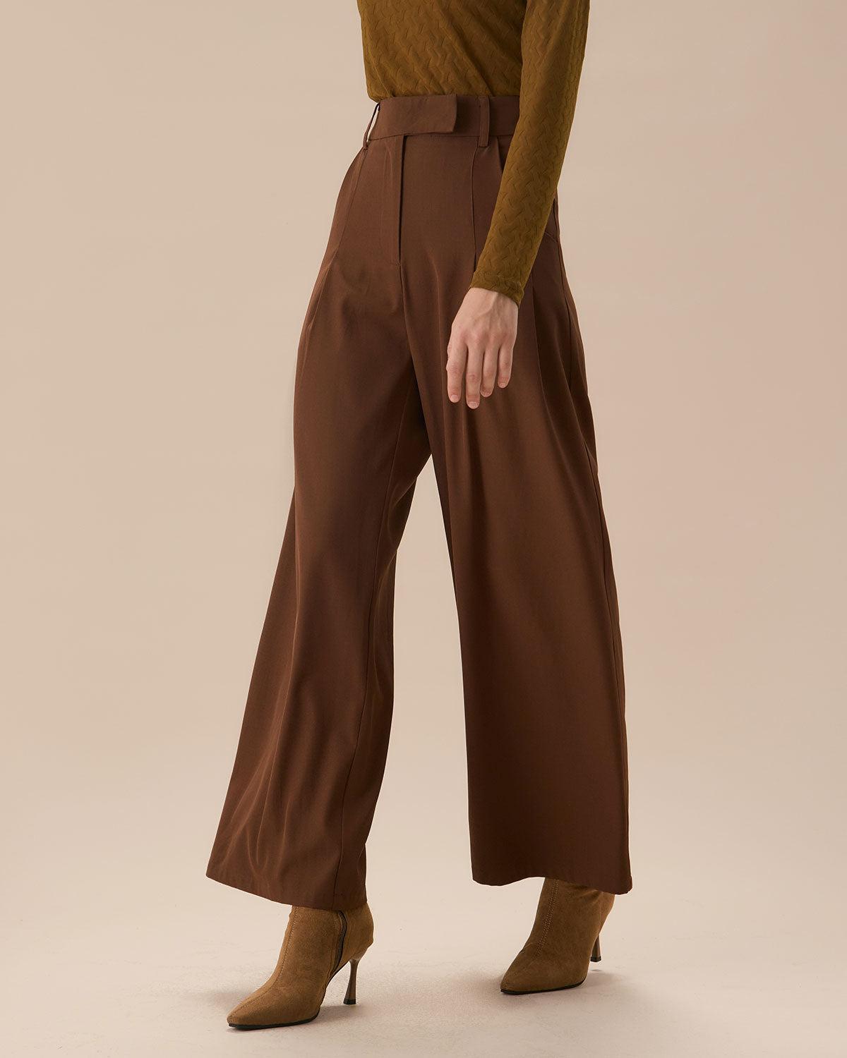 Brown High Waisted Pockets Straight Pants Product Image