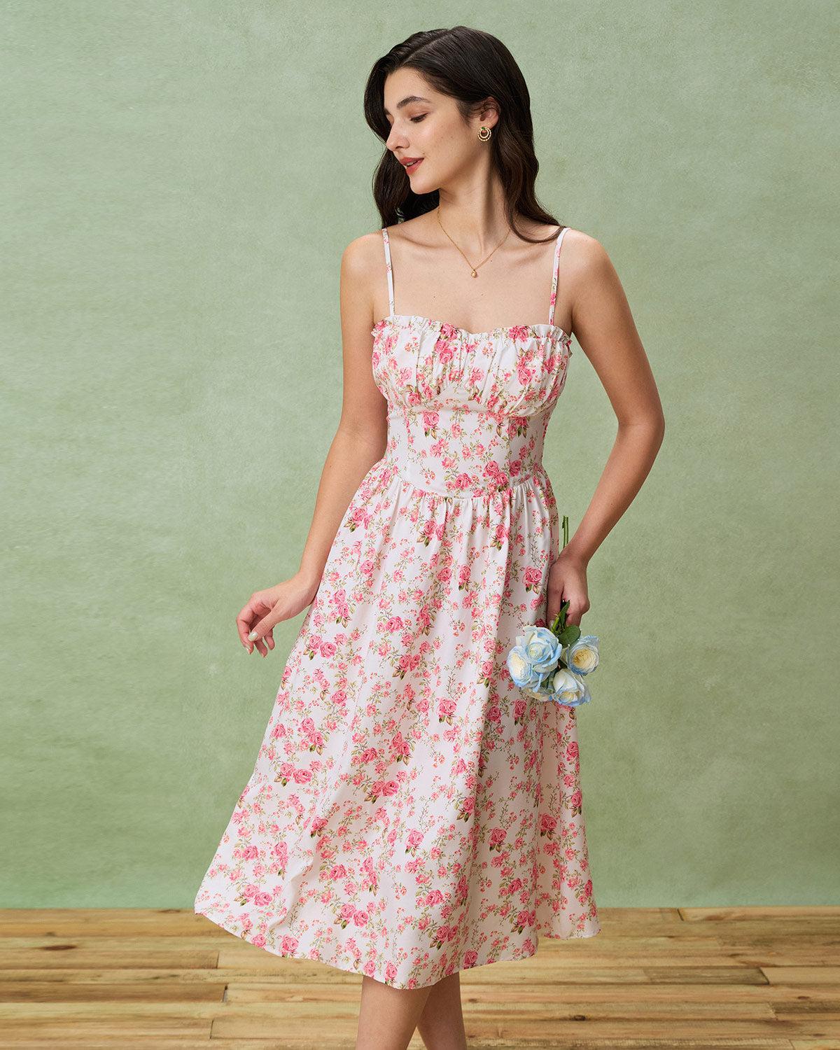 Pink Floral Sweetheart Neck Shirred Slip Midi Dress Product Image