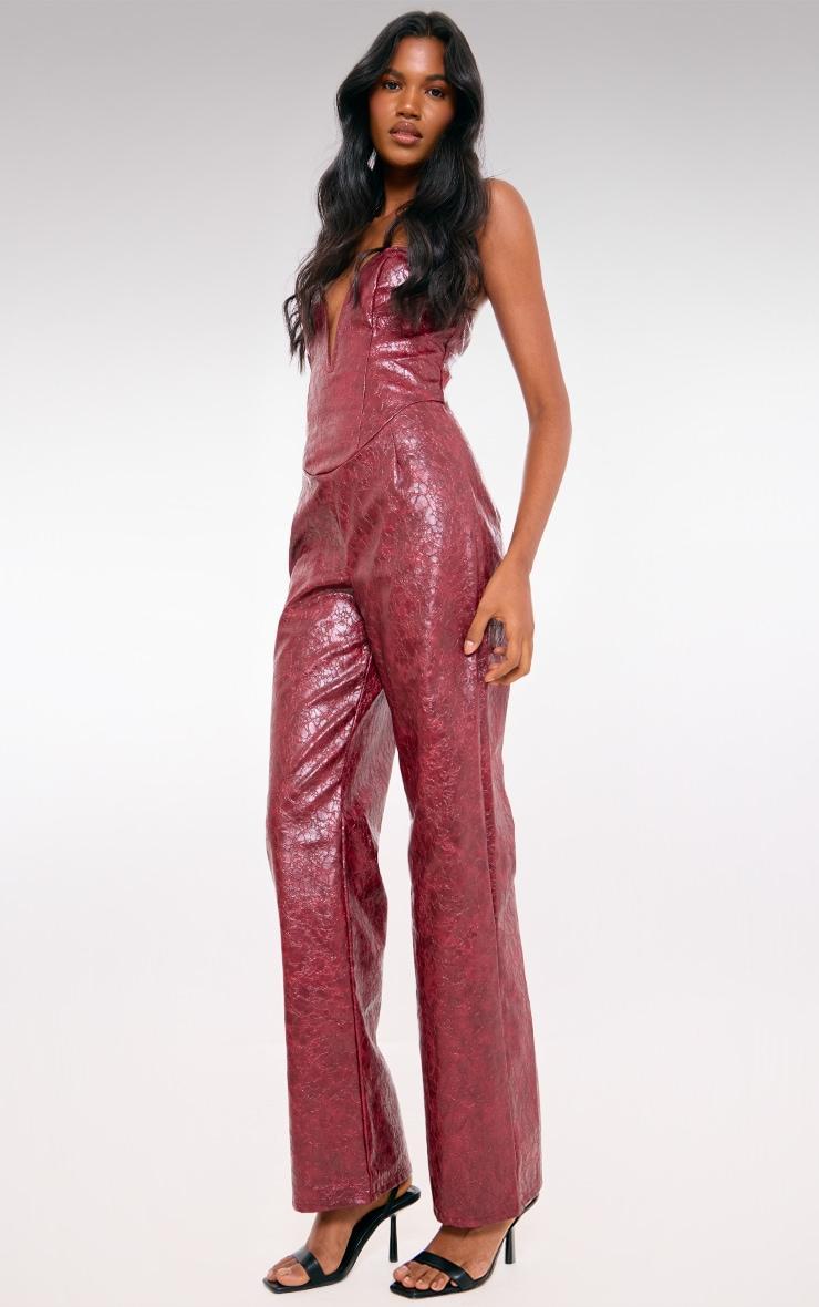 Burgundy Croc Faux Leather Bandeau Plunge Straight Leg Jumpsuit Product Image