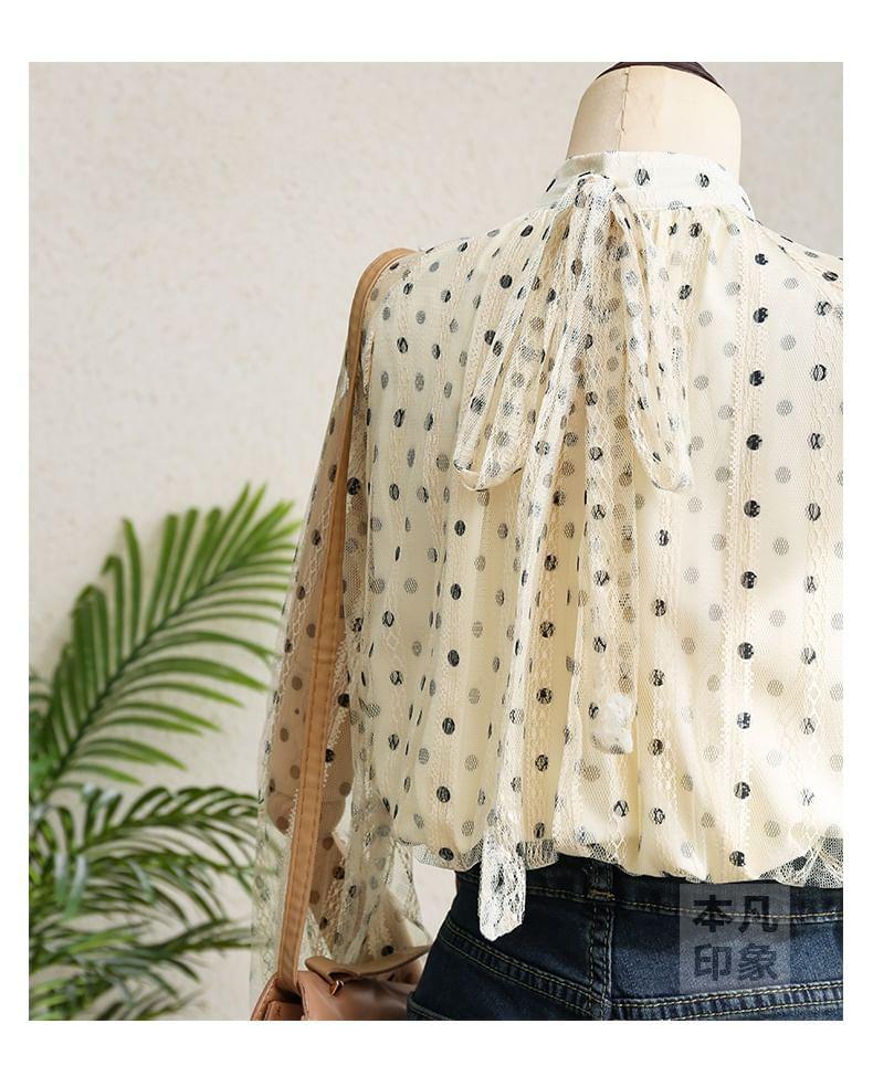 Balloon Sleeve Stand Collar Dotted Mesh Blouse Product Image