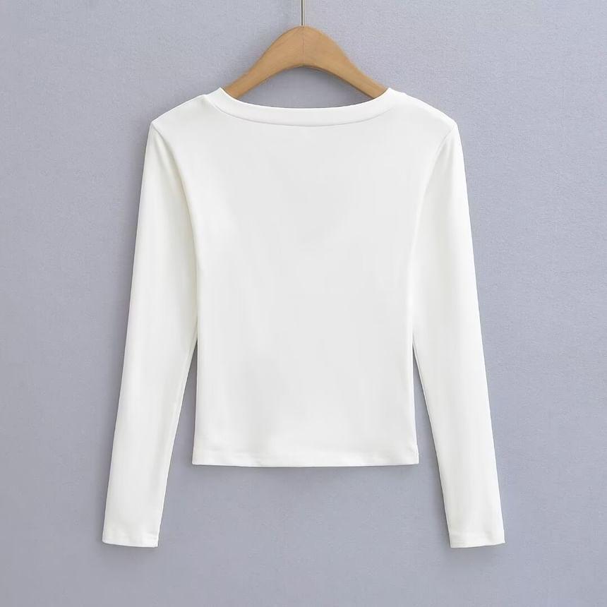 Long Sleeve V-Neck Plain Panel Lace Top Product Image