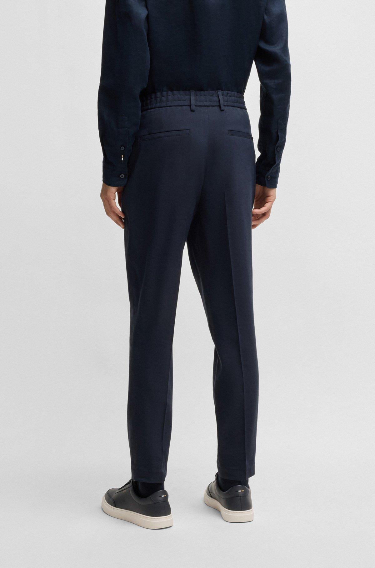 BOSS - Tapered-fit machine-washable tailored trousers in a linen blend - Dark Blue Product Image