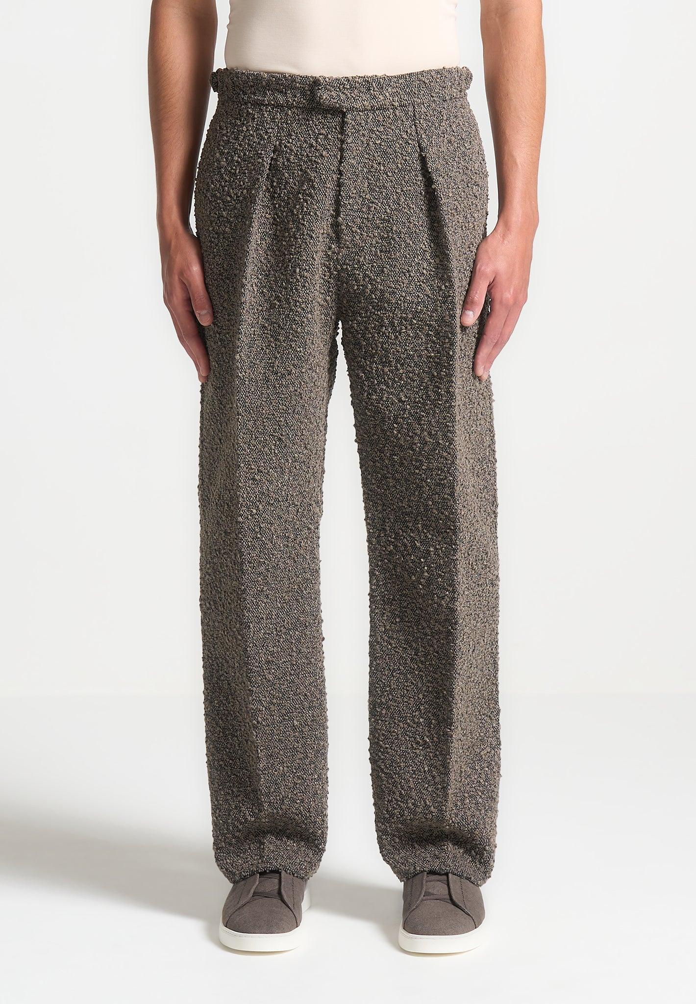 Relaxed Fit Boucle Pleated Tailored Trousers - Brown Male Product Image