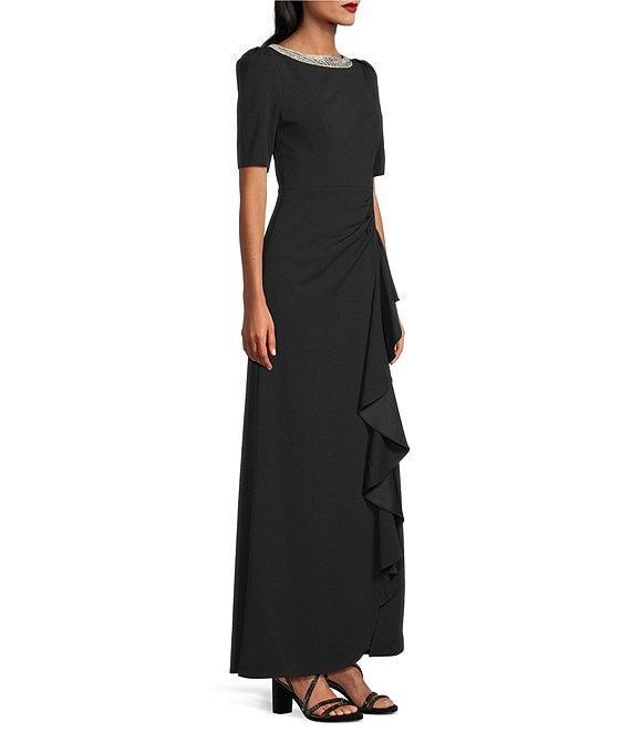 Alex Evenings Crepe Embellished Boat Neck Short Sleeve Ruffle Cascade A-Line Gown Product Image