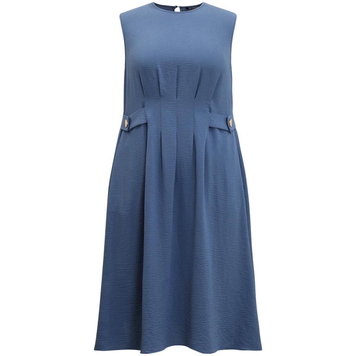 Plus Size Plain Plicated Detail Side Pocket Tank Dress Blue Women Office Plain Round Neck Sleeveless Curvy Midi Dress BloomChic 28/5X Product Image