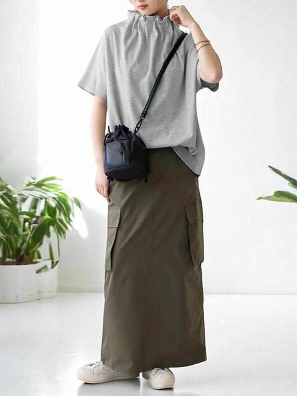 Loose Short Sleeves Solid Color Stand Collar T-Shirts Tops Product Image