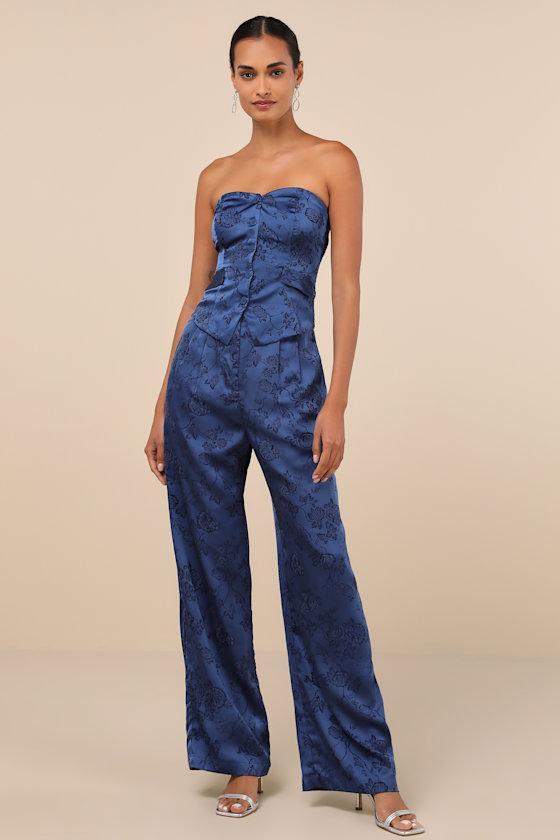 Sleek Refinement Navy Satin Jacquard Strapless Button-Up Top Product Image