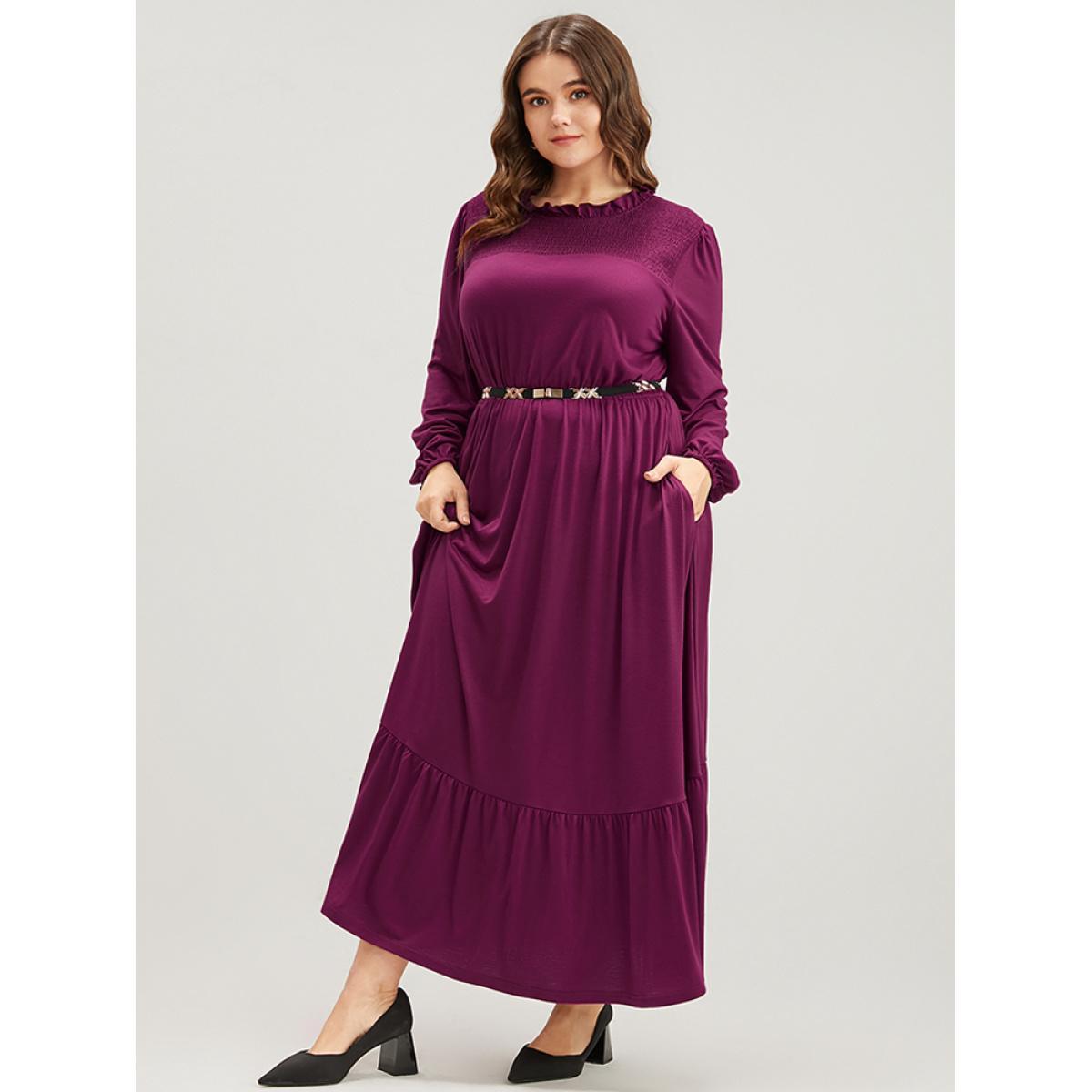 Plus Size Solid Frill Trim Shirred Lantern Sleeve Pocket Flutter Maxi Dress Purple Women Elegant Pocket Round Neck Long Sleeve Curvy Long Dress BloomChic 10/M Product Image