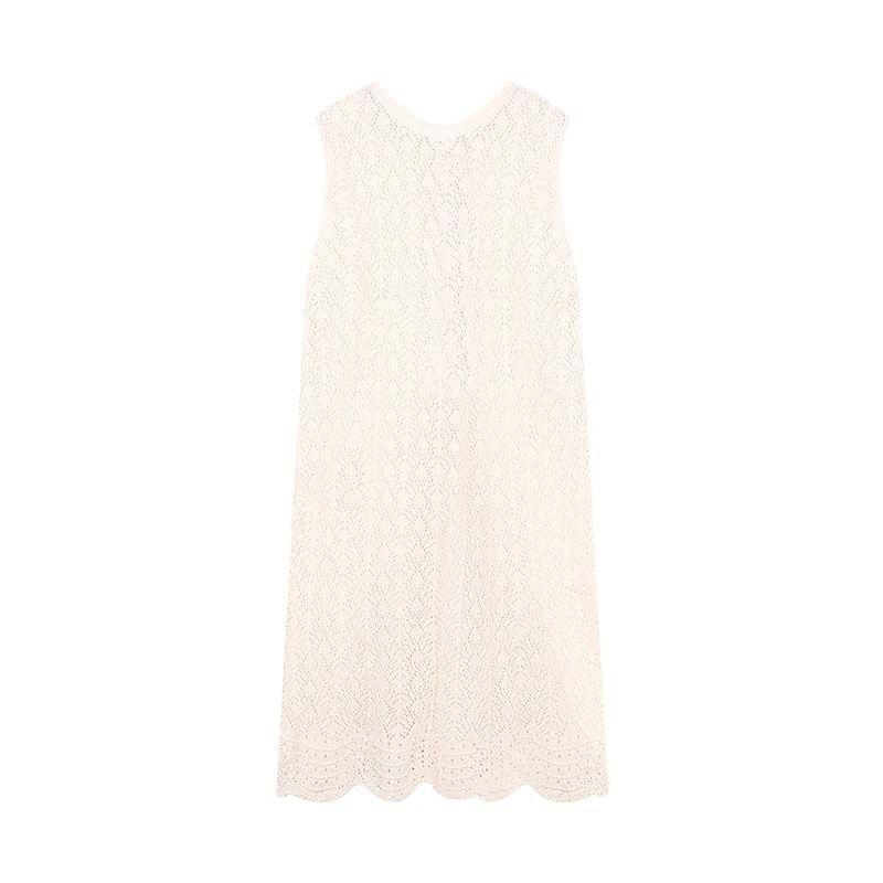 Sleeveless Plain Crochet Knit Midi A-Line Dress Product Image