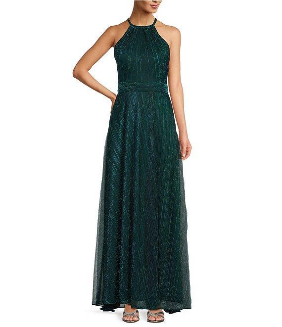 Betsy & Adam Petite Size Metallic Crinkle Halter Neck Sleeveless Gown Product Image