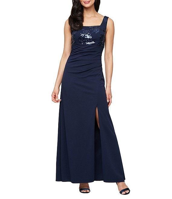 Alex Evenings Sequin Collared 3/4 Sleeve Jacket Scuba Crepe Front Slit Gown Product Image