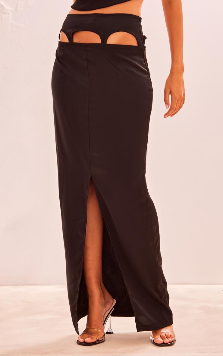 Black Satin Cut Out Suspender Maxi Skirt Product Image