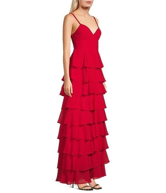 B. Darlin Chiffon Double Spaghetti Strap V-Neck Tiered Ruffle Long Dress Product Image