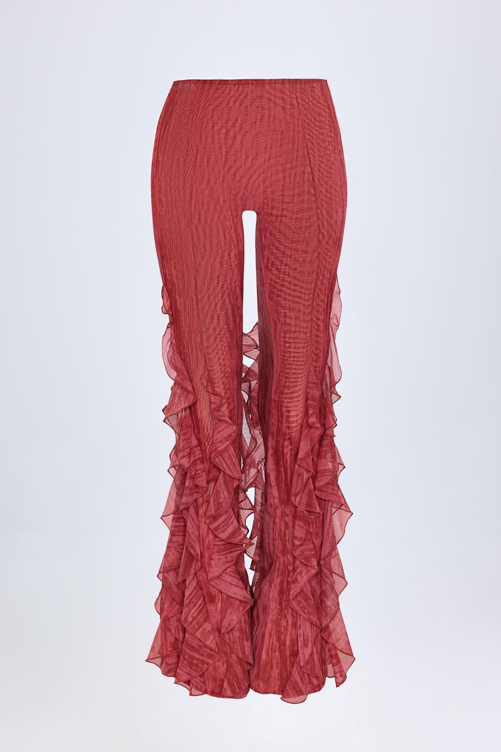 Ruffled Mid-Rise Flared Trousers in Red Print Female Product Image