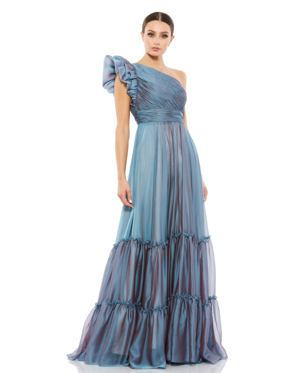 Mac Duggal Womens Ruffled One Shoulder Tiered Chiffon Gown Product Image