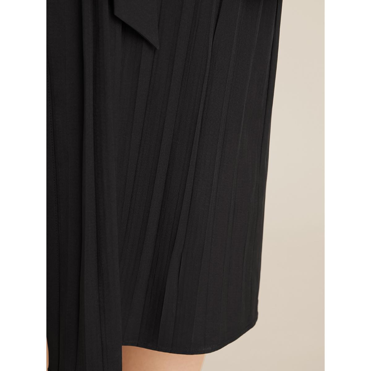 Plus Size Solid Belted Pleated Shirt Collar Dress Black Women Office Belted Shirt collar Long Sleeve Curvy Midi Dress BloomChic 18-20/2X Product Image