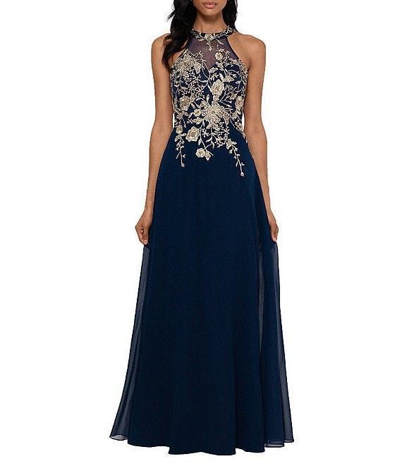 Betsy & Adam Halter Neck Floral Embroidered Sleeveless Chiffon Gown Product Image