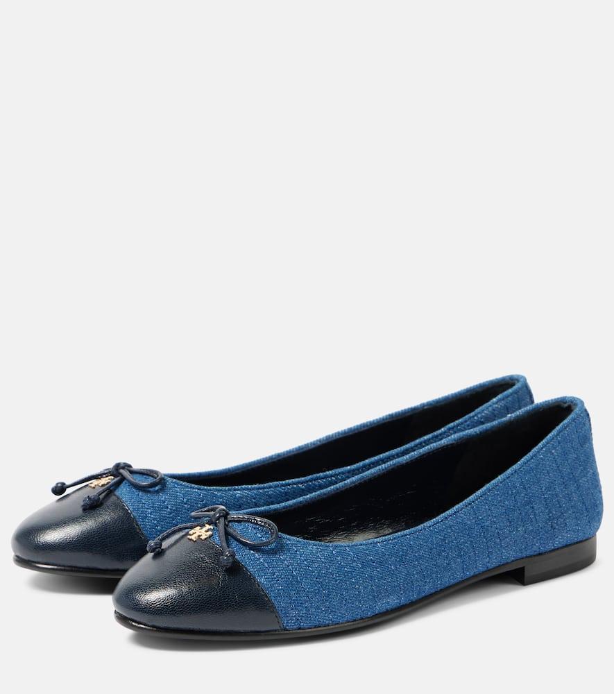 TORY BURCH Embellished Leather-trimmed Ballet Flats In Blue Product Image