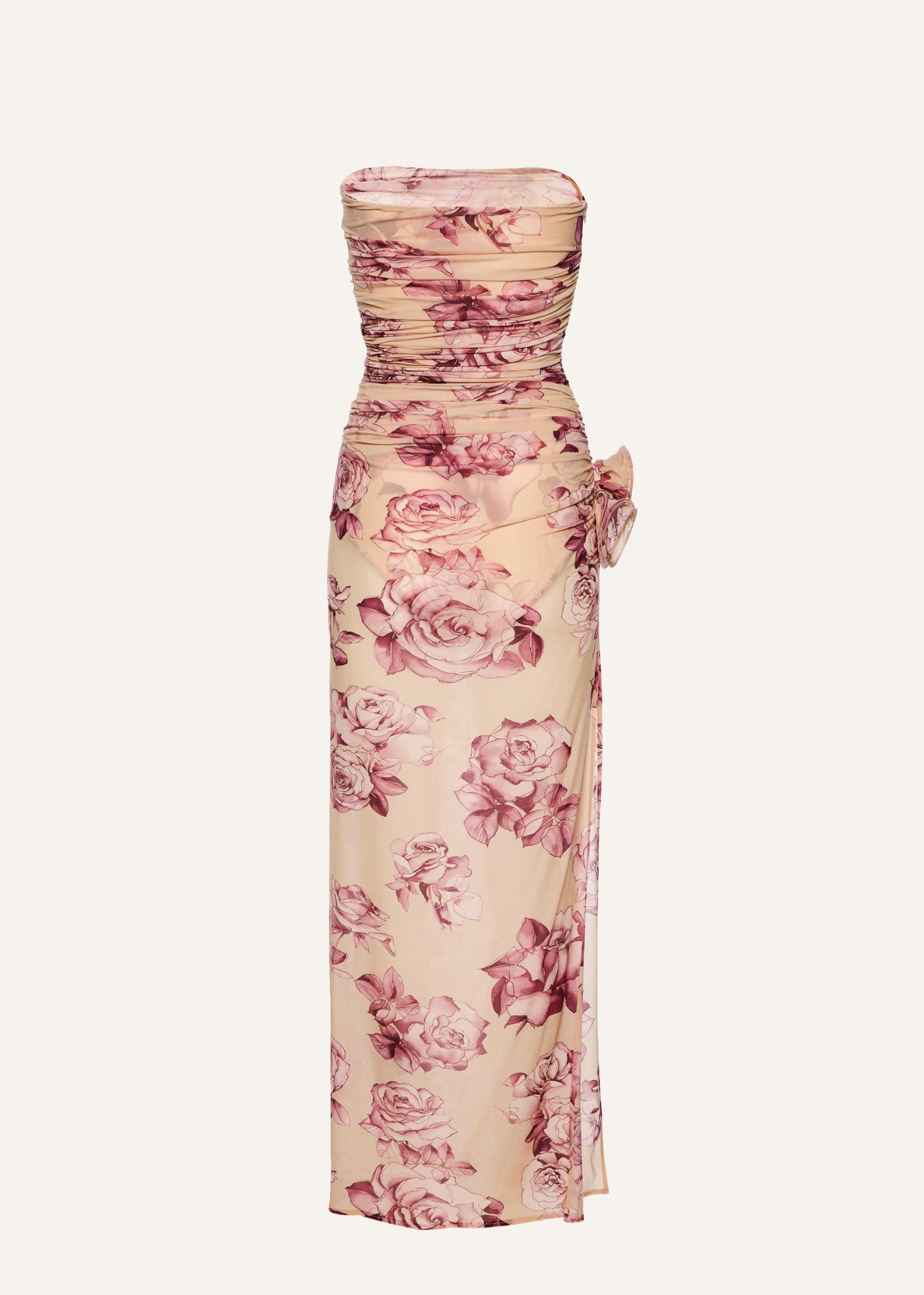 Strapless flower applique midi dress in beige print Product Image