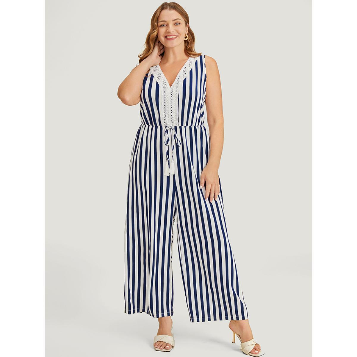 Plus Size DarkBlue Striped Print Contrast Lace Pocket Knot Tassels Tank Jumpsuit Women Office Sleeveless V-neck Office Loose Jumpsuits BloomChic 14-16/1X Product Image