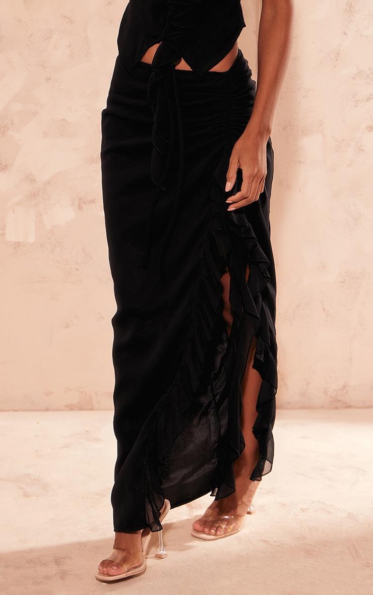 Black Chiffon Ruffle Ruched Maxi Skirt Product Image