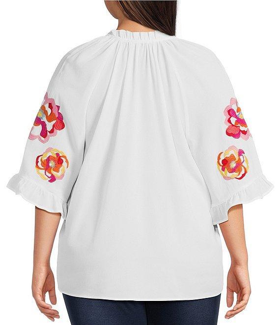 Calessa Plus Size Embroidered Ruffle Split V-Neck Elbow Sleeve Tunic Product Image