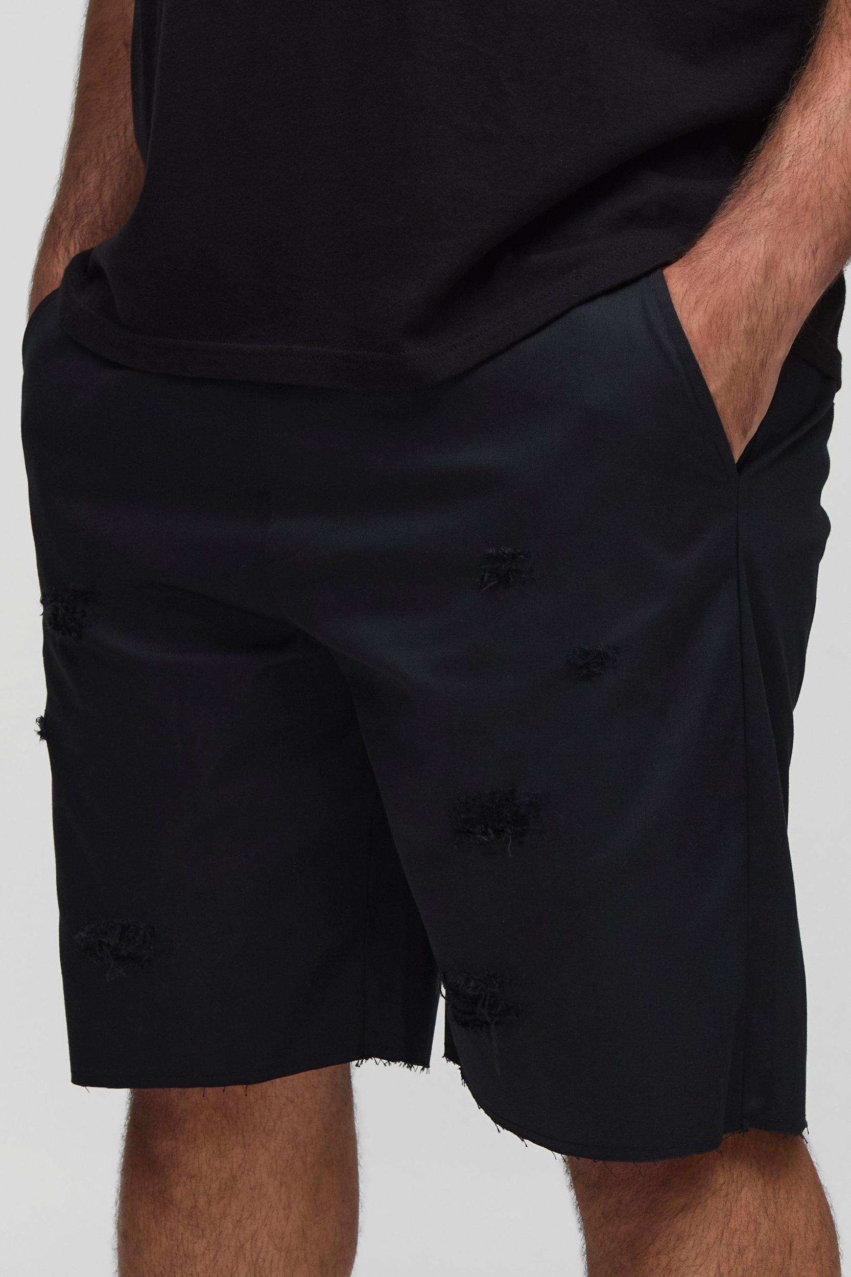 Plus Distressed Raw Hem Relaxed Fit Shorts | boohooMAN USA Product Image