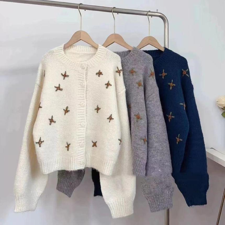 Crew Neck Floral Embroidered Cardigan Product Image