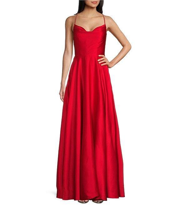 B. Darlin Cowl Neck Lace Up Rhinestone Back Long Satin Dress Product Image
