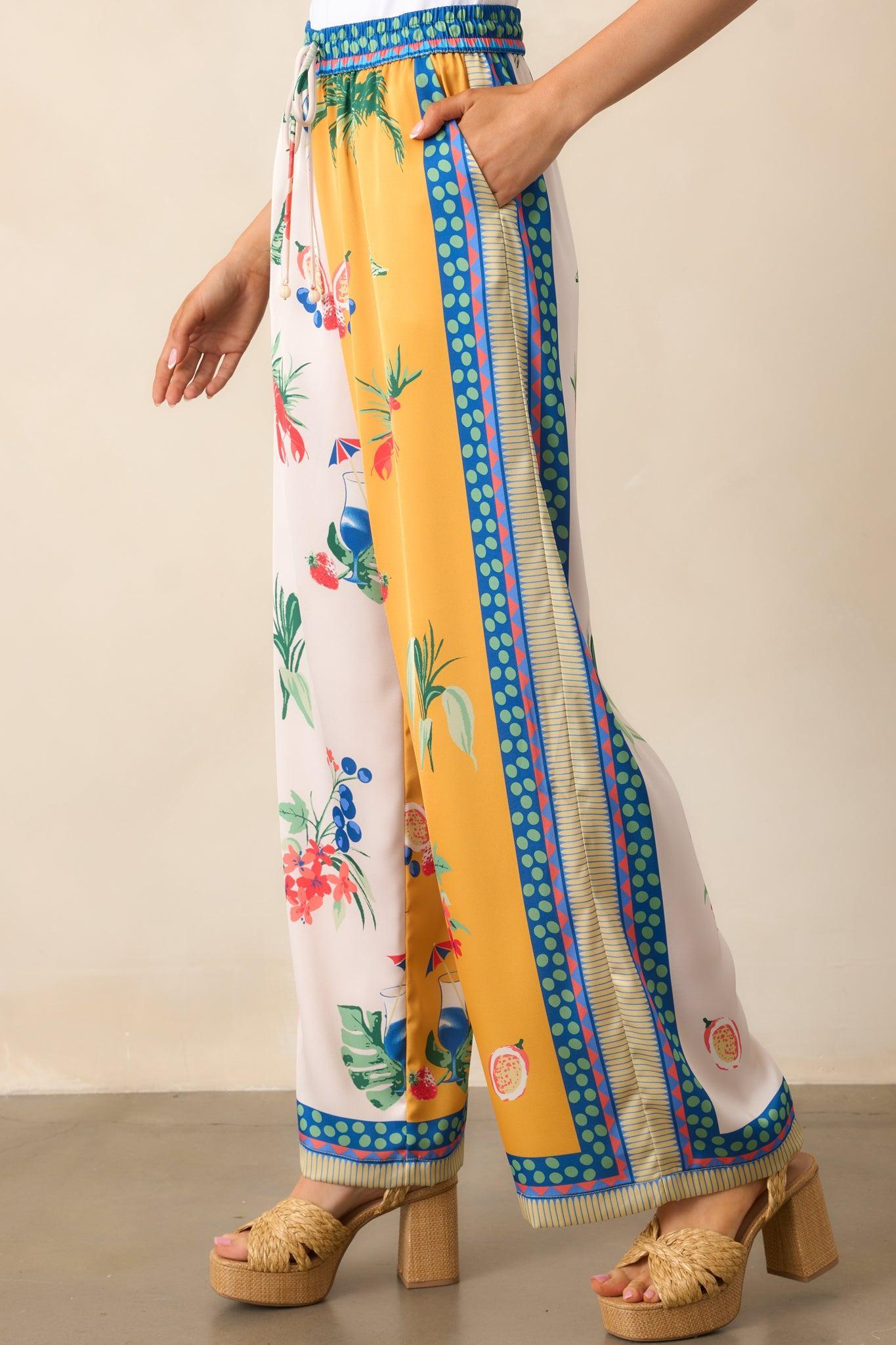 Breathing Deep Yellow Colorblock Coastal Print Drawstring Pants Product Image