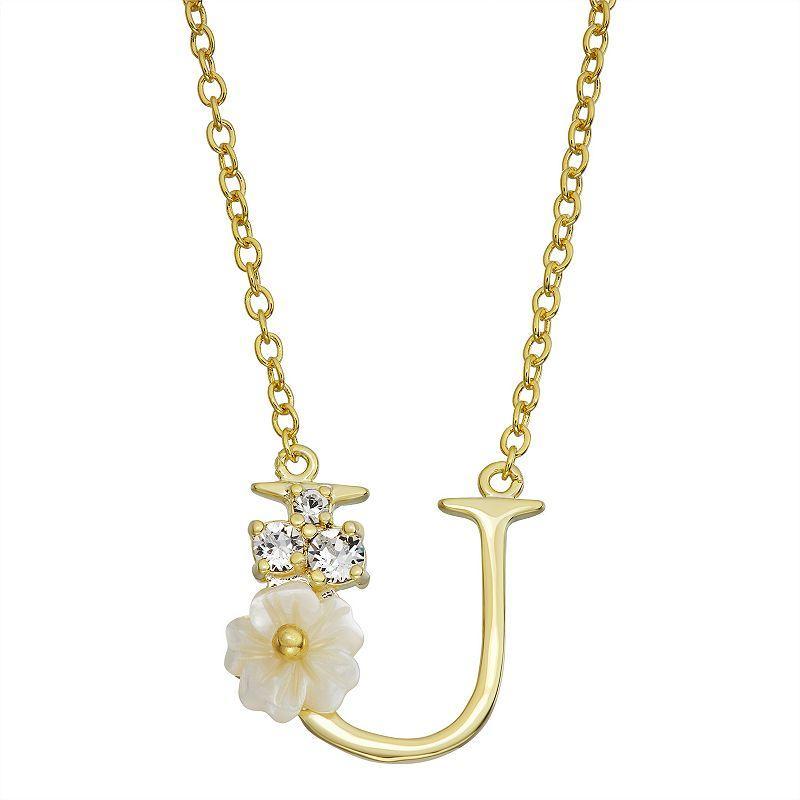 Brilliance Mother-of-Pearl Flower Initial Pendant Necklace, Womens Gold Tone W Product Image