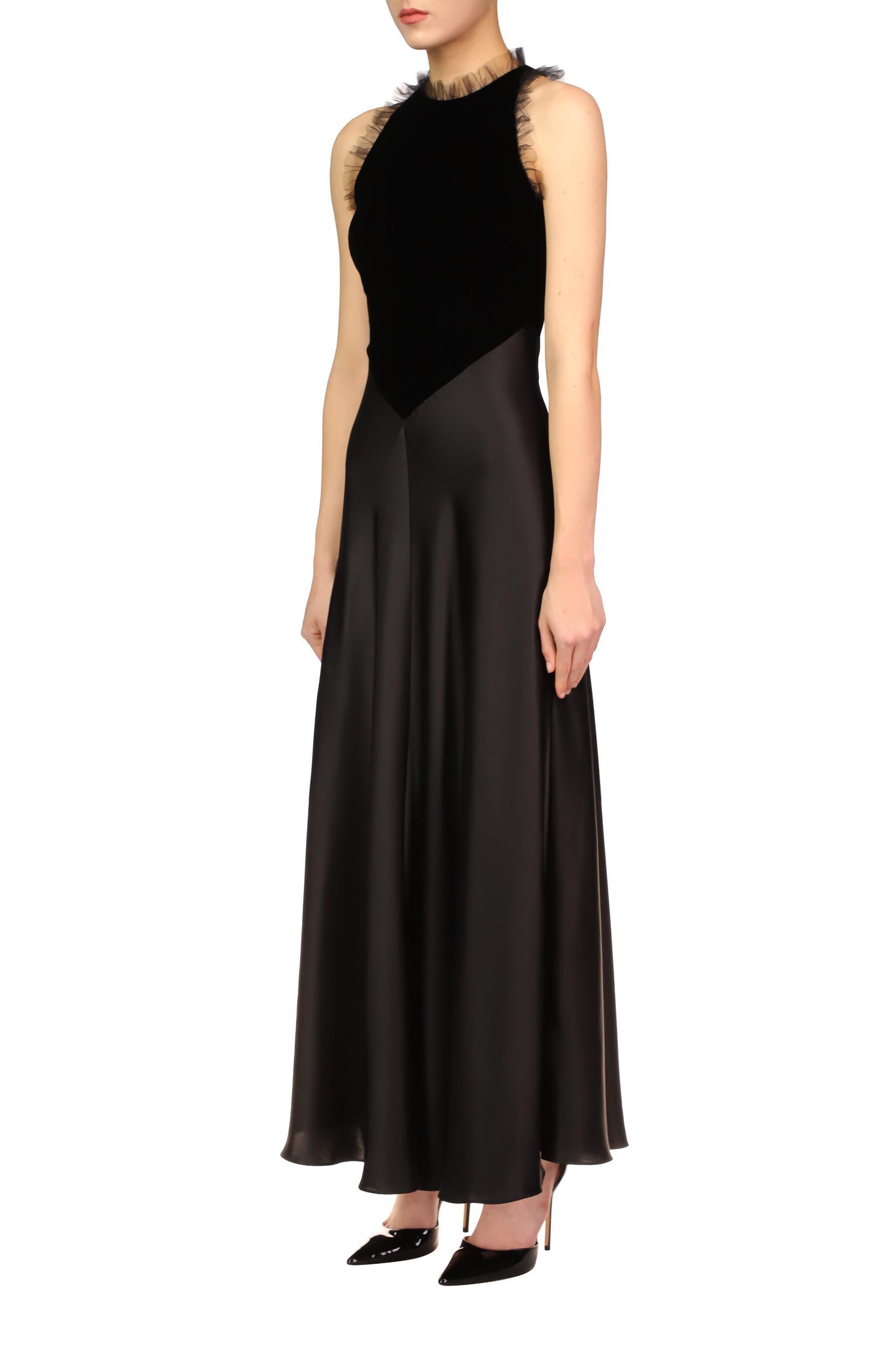 Black Silk Satin & Velvet Dress With Tulle Detail Product Image