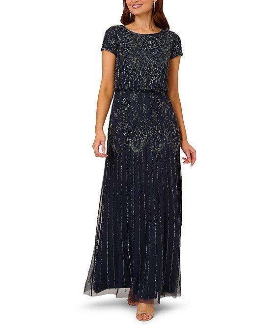 Adrianna Papell Round Neck Short Sleeve Beaded Blouson Gown Product Image