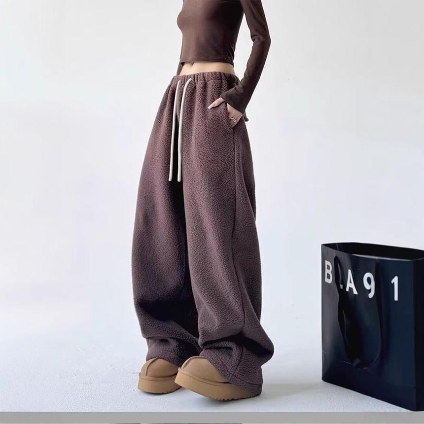 Mid Rise Plain Fleece Wide Leg Sweatpants Product Image