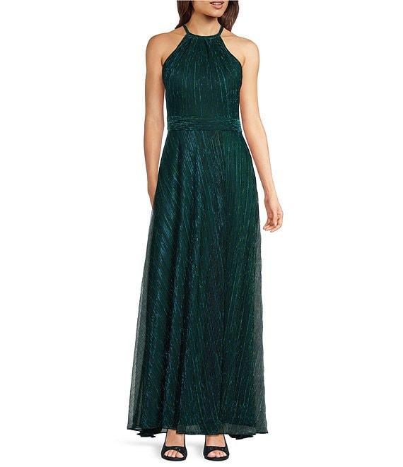Betsy & Adam Petite Size Metallic Crinkle Halter Neck Sleeveless Gown Product Image