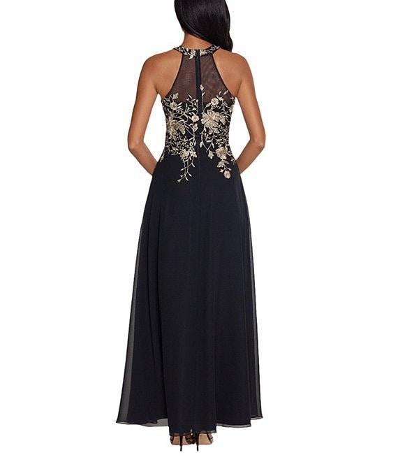 Betsy & Adam Halter Neck Floral Embroidered Sleeveless Chiffon Gown Product Image