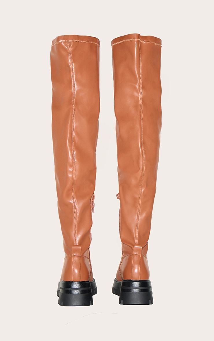 Brown PU Wide Fit Chunky Arched Sole Over The Knee Boots Product Image