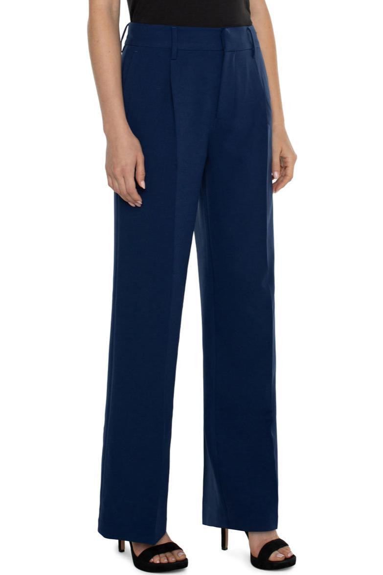 Hi Rise Pleated Trouser w/ Side Slit- Indigo Blue Product Image