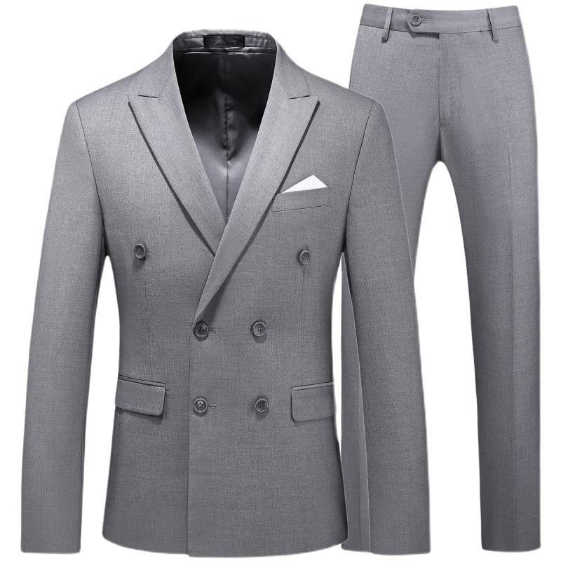 Set: Peak Lapel Plain Double-Breasted Blazer + Tapered Dress Pants Product Image