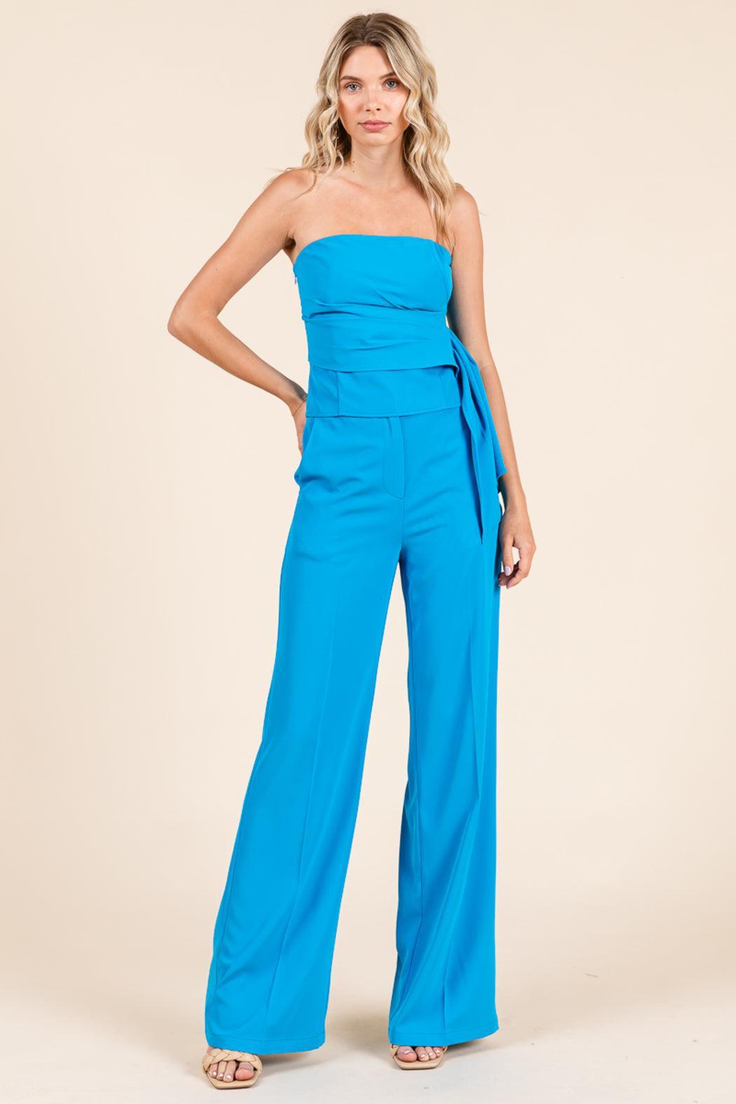 Strapless Smocked Crop Top & Wide-Leg Pants Set Product Image