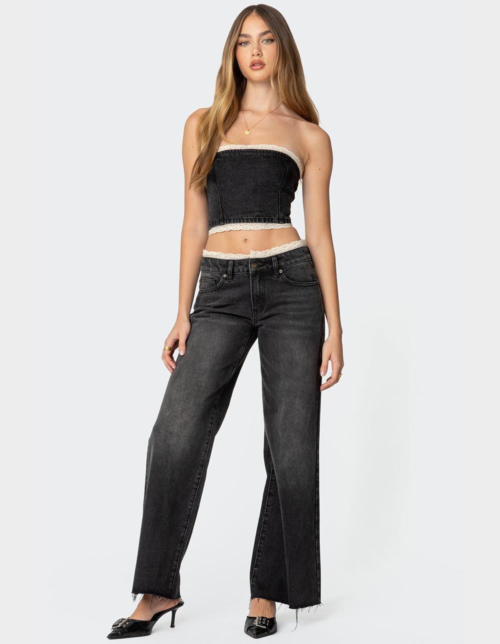 EDIKTED Karlie Lace Trim Denim Tube Top Product Image