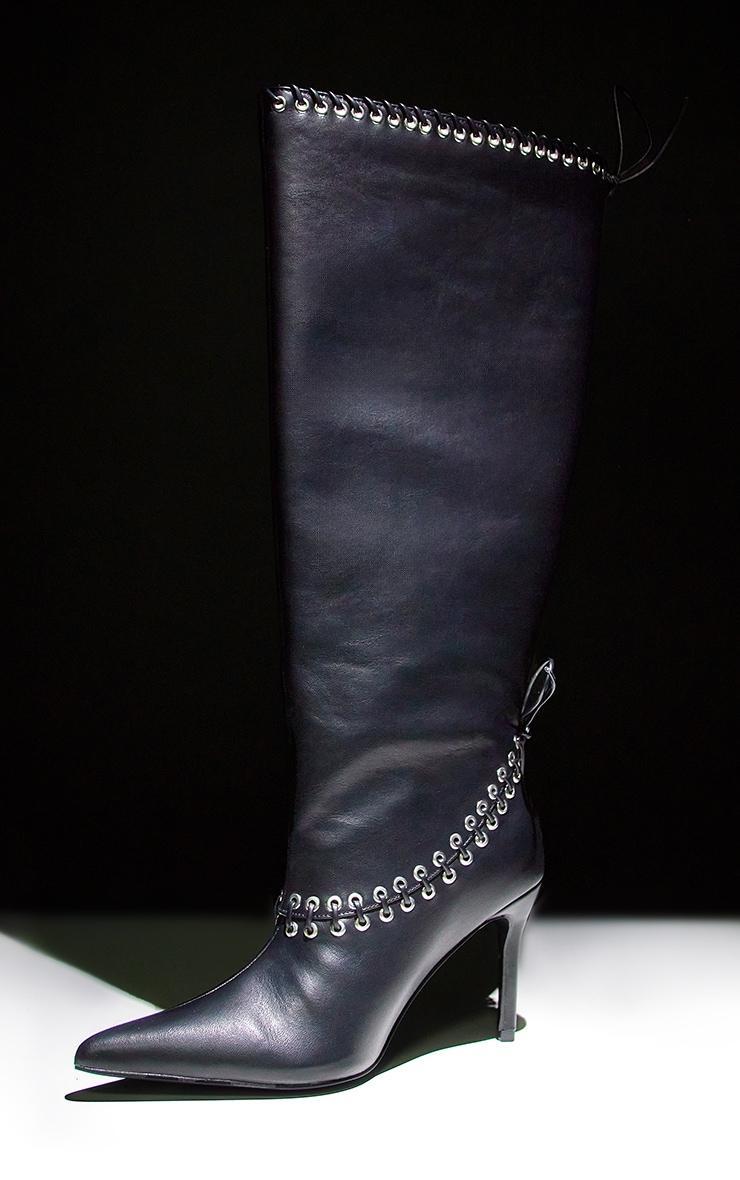 Black Wide Fit Pu Point Toe Laced Eyelet Knee High Heeled Boots Product Image