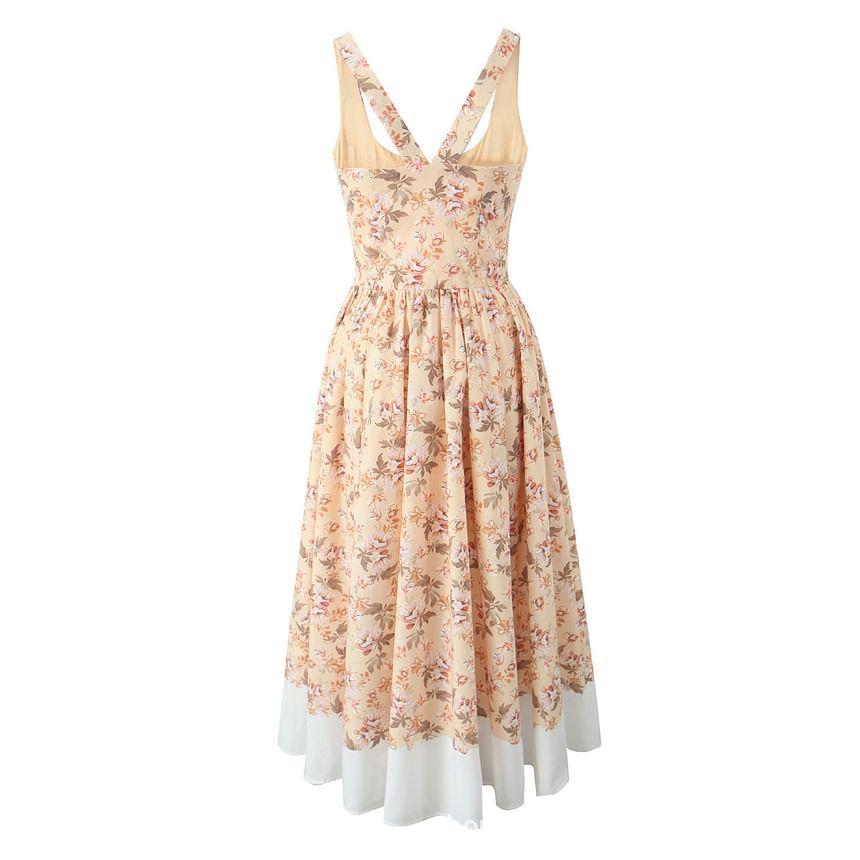 Sleeveless Square Neck Floral Print Button Midi A-Line Dress Product Image