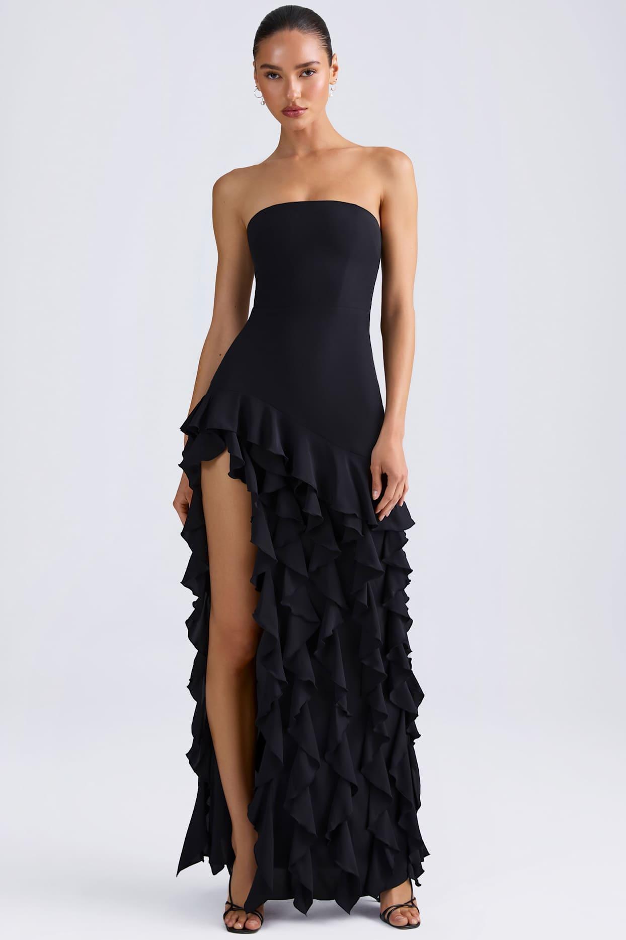 Ruffle-Trim Strapless Gown in Black Product Image