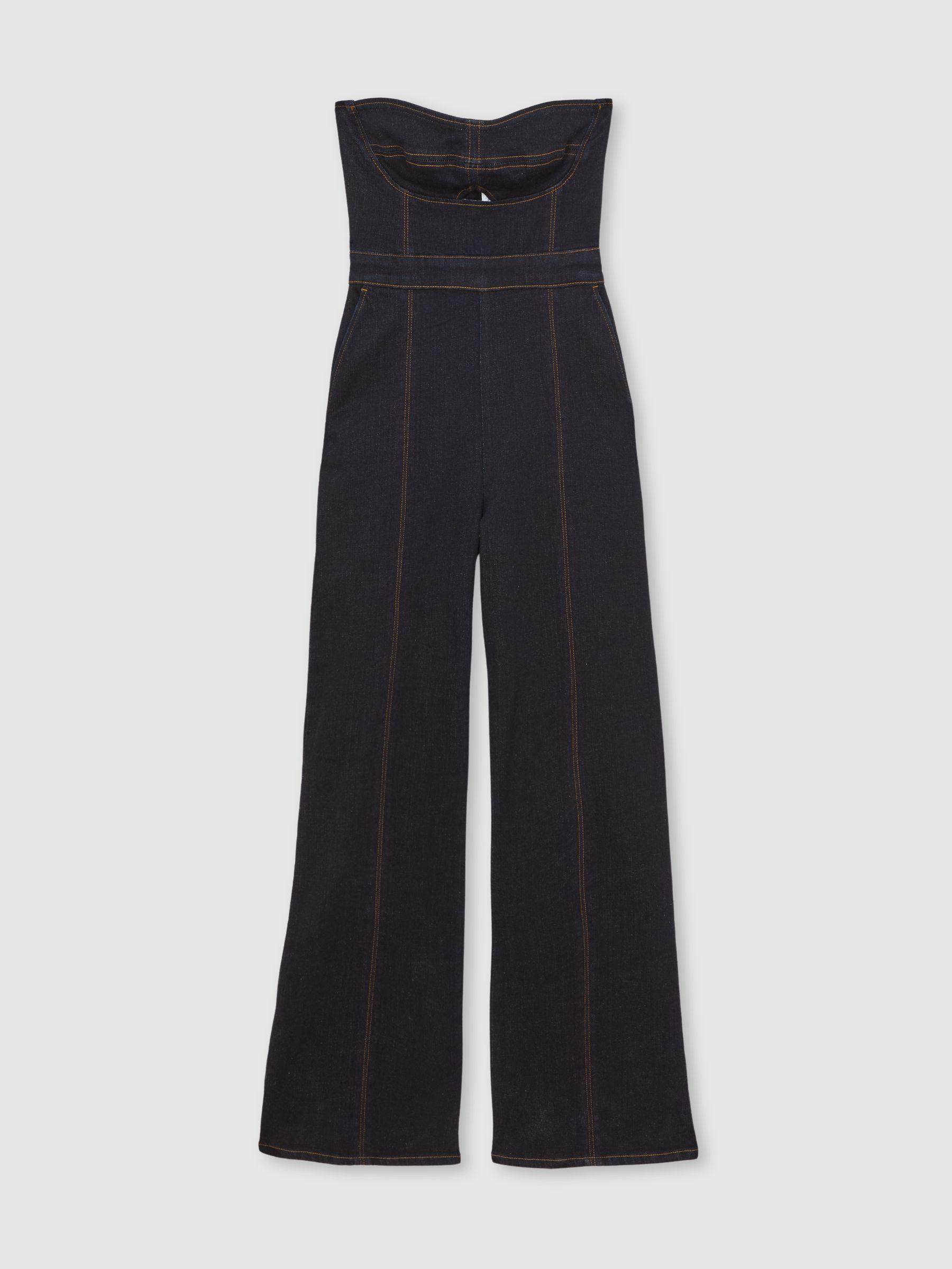 Strapless Wide Leg Denim Jumpsuit in Indigo Blue Product Image