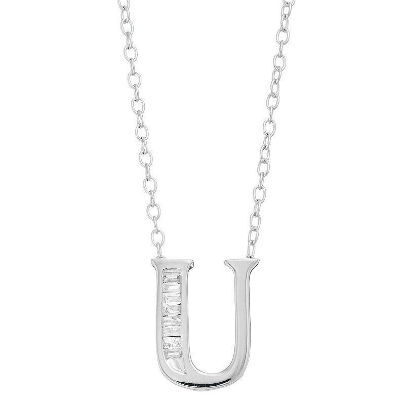 Sterling Silver Baguette Diamond Initial Pendant Necklace, Womens Product Image