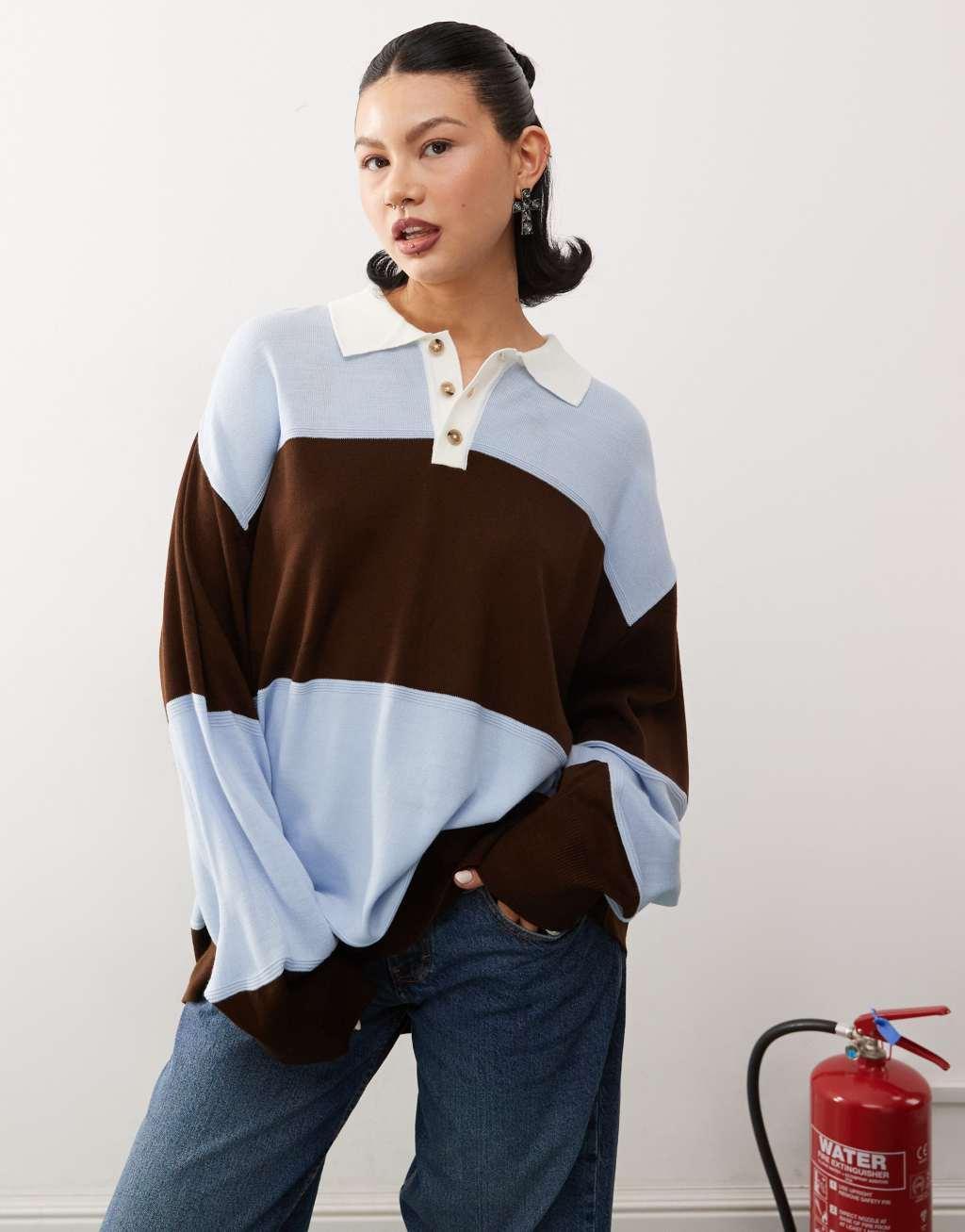 COLLUSION knitted rugby sweater in brown Product Image