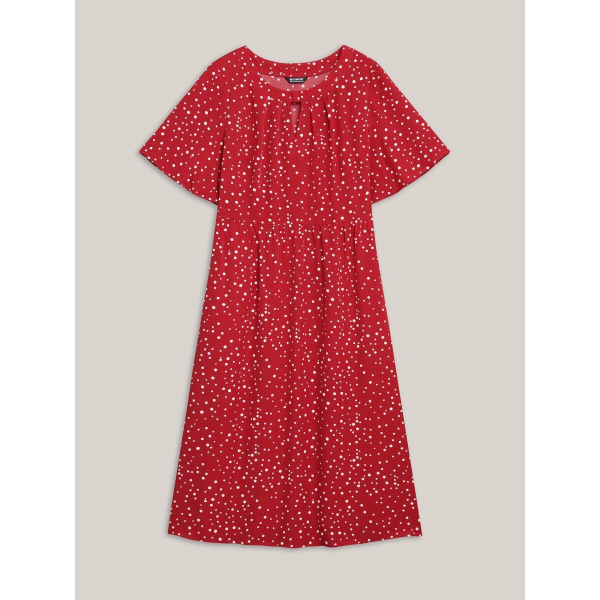 Plus Size Polka Dots Print Cut-Out Flutter Sleeve Midi Dress Scarlet Women Timeless Pleated Round Neck Short sleeve Curvy BloomChic 18-20/2X Product Image