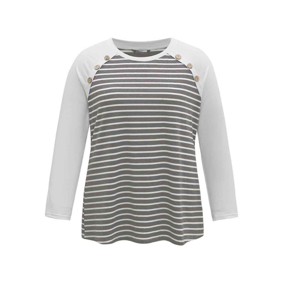Plus Size Striped Patchwork Button Detail Raglan Sleeve T-shirt Gray Women Casual Patchwork Striped Round Neck Dailywear T-shirts BloomChic 12/L Product Image